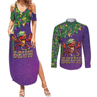 Funny Crawfish Carnival Couples Matching Summer Maxi Dress and Long Sleeve Button Shirt It's Mardi Gras Bruh - Wonder Print Shop