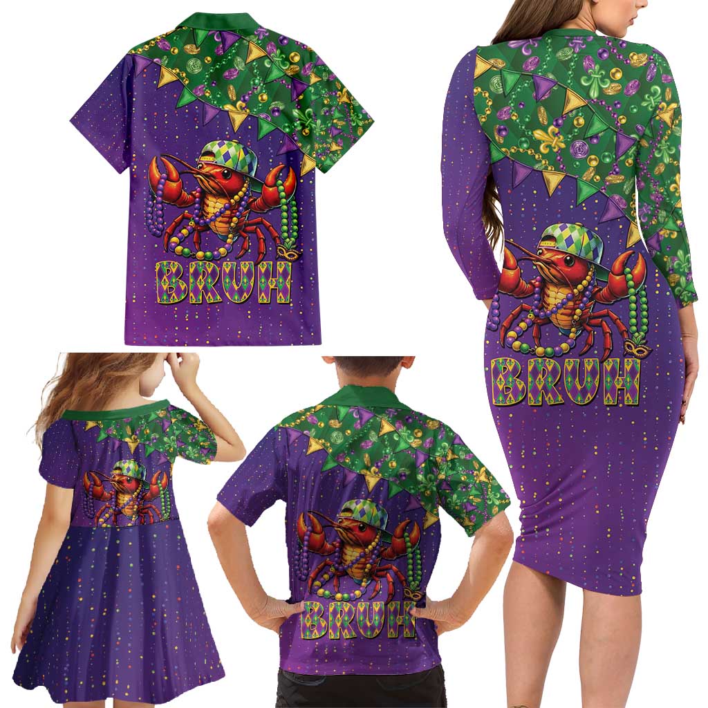 Funny Crawfish Carnival Family Matching Long Sleeve Bodycon Dress and Hawaiian Shirt It's Mardi Gras Bruh - Wonder Print Shop