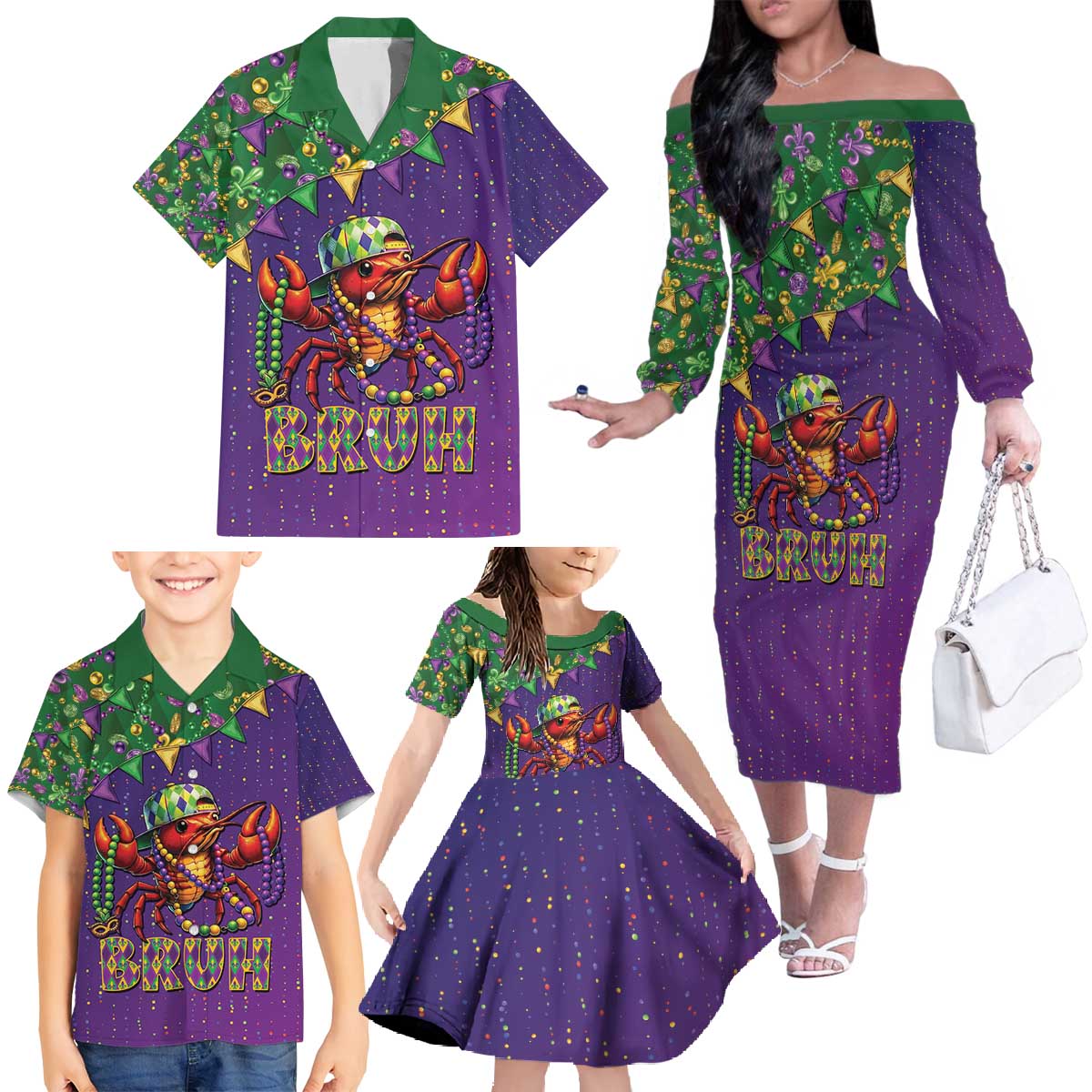 Funny Crawfish Carnival Family Matching Off The Shoulder Long Sleeve Dress and Hawaiian Shirt It's Mardi Gras Bruh - Wonder Print Shop