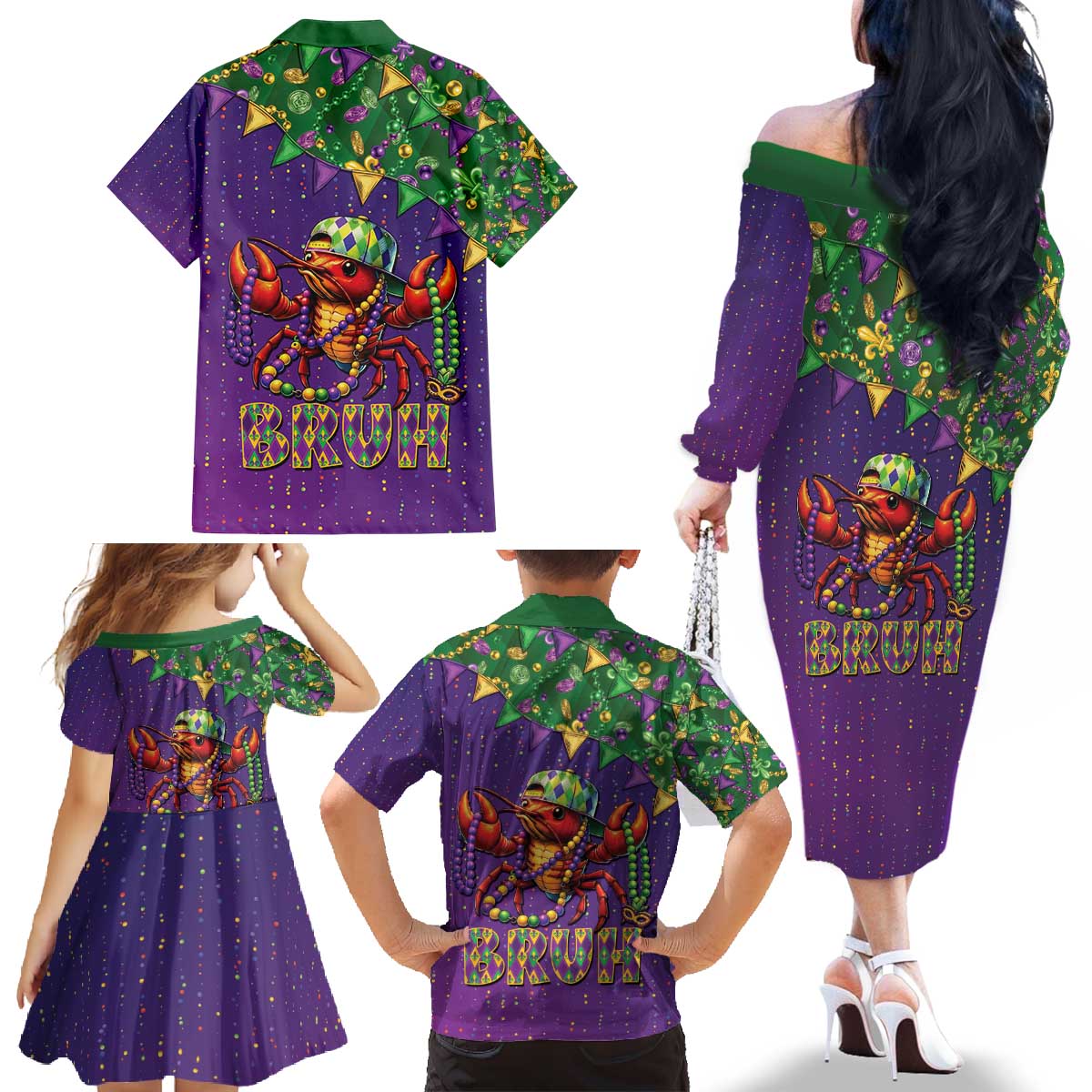 Funny Crawfish Carnival Family Matching Off The Shoulder Long Sleeve Dress and Hawaiian Shirt It's Mardi Gras Bruh - Wonder Print Shop
