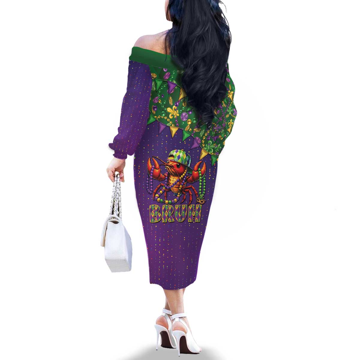 Funny Crawfish Carnival Family Matching Off The Shoulder Long Sleeve Dress and Hawaiian Shirt It's Mardi Gras Bruh - Wonder Print Shop