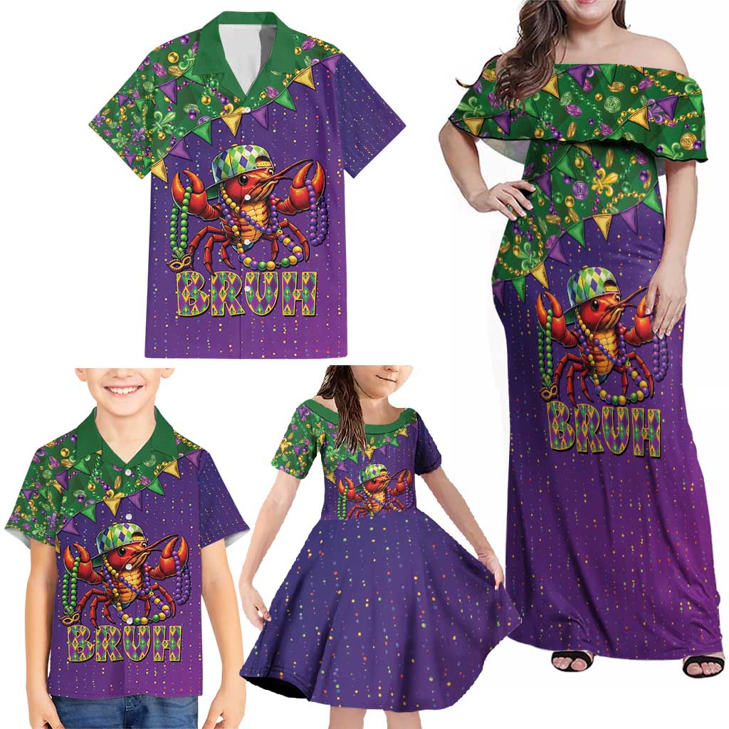 Funny Crawfish Carnival Family Matching Off Shoulder Maxi Dress and Hawaiian Shirt It's Mardi Gras Bruh - Wonder Print Shop