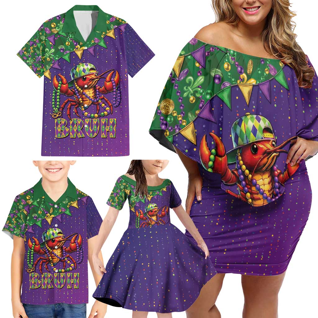 Funny Crawfish Carnival Family Matching Off Shoulder Short Dress and Hawaiian Shirt It's Mardi Gras Bruh - Wonder Print Shop