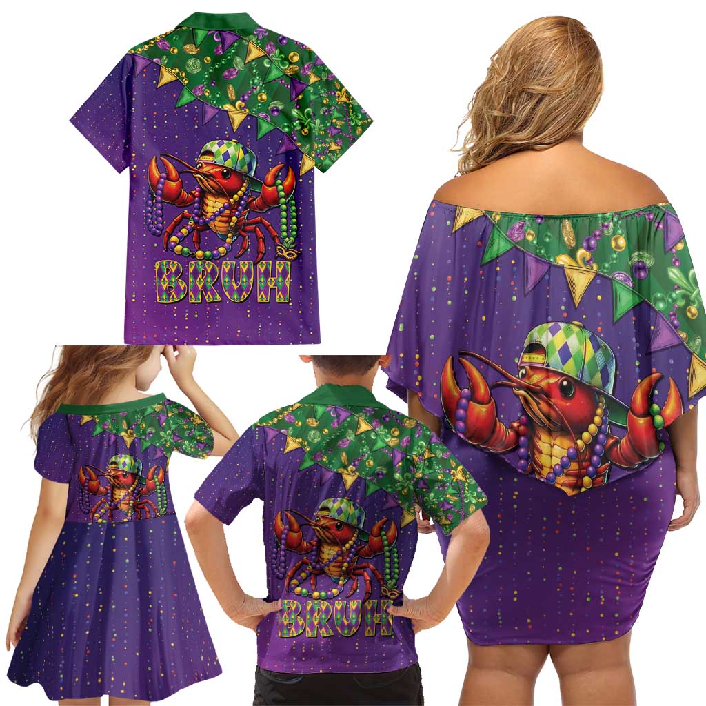 Funny Crawfish Carnival Family Matching Off Shoulder Short Dress and Hawaiian Shirt It's Mardi Gras Bruh - Wonder Print Shop