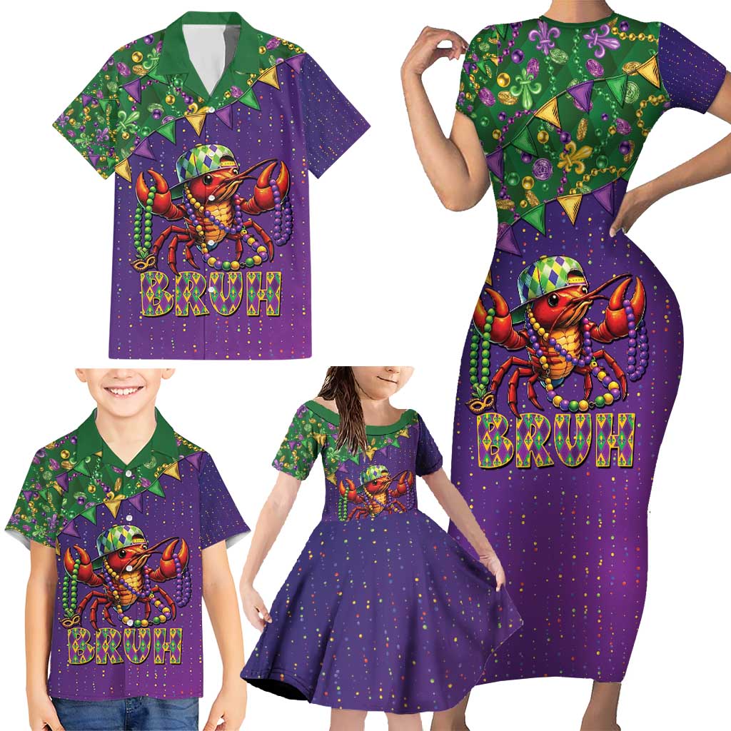 Funny Crawfish Carnival Family Matching Short Sleeve Bodycon Dress and Hawaiian Shirt It's Mardi Gras Bruh - Wonder Print Shop