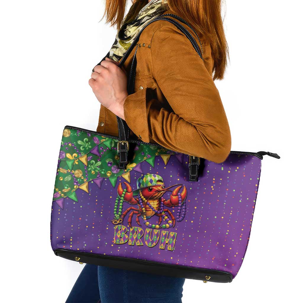 Funny Crawfish Carnival Leather Tote Bag It's Mardi Gras Bruh - Wonder Print Shop