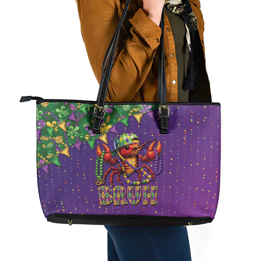 Funny Crawfish Carnival Leather Tote Bag It's Mardi Gras Bruh - Wonder Print Shop