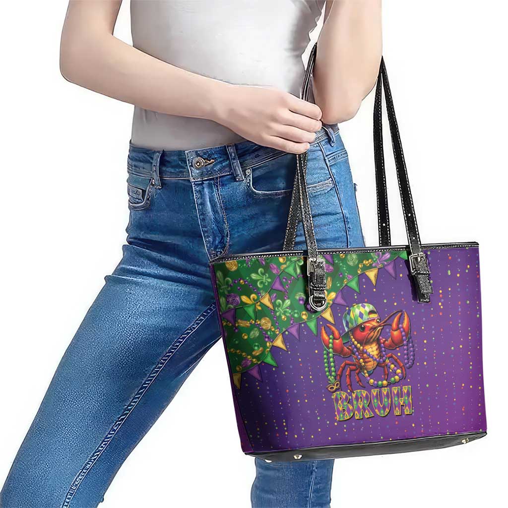 Funny Crawfish Carnival Leather Tote Bag It's Mardi Gras Bruh - Wonder Print Shop