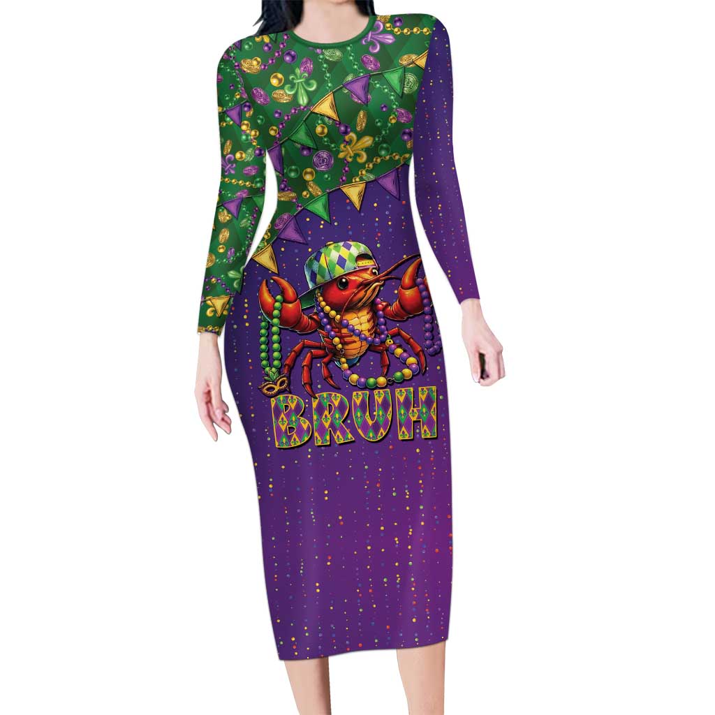 Funny Crawfish Carnival Long Sleeve Bodycon Dress It's Mardi Gras Bruh - Wonder Print Shop