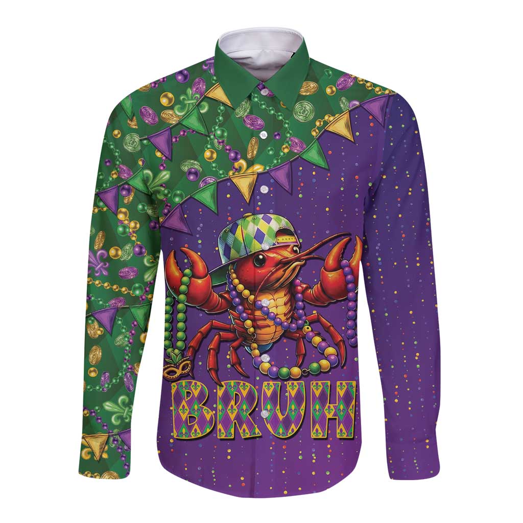 Funny Crawfish Carnival Long Sleeve Button Shirt It's Mardi Gras Bruh - undefined