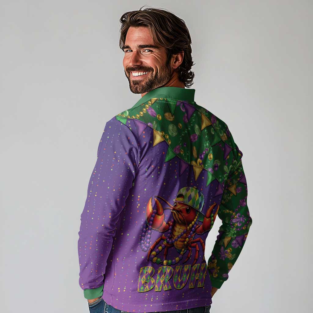 Funny Crawfish Carnival Long Sleeve Polo Shirt It's Mardi Gras Bruh - Wonder Print Shop