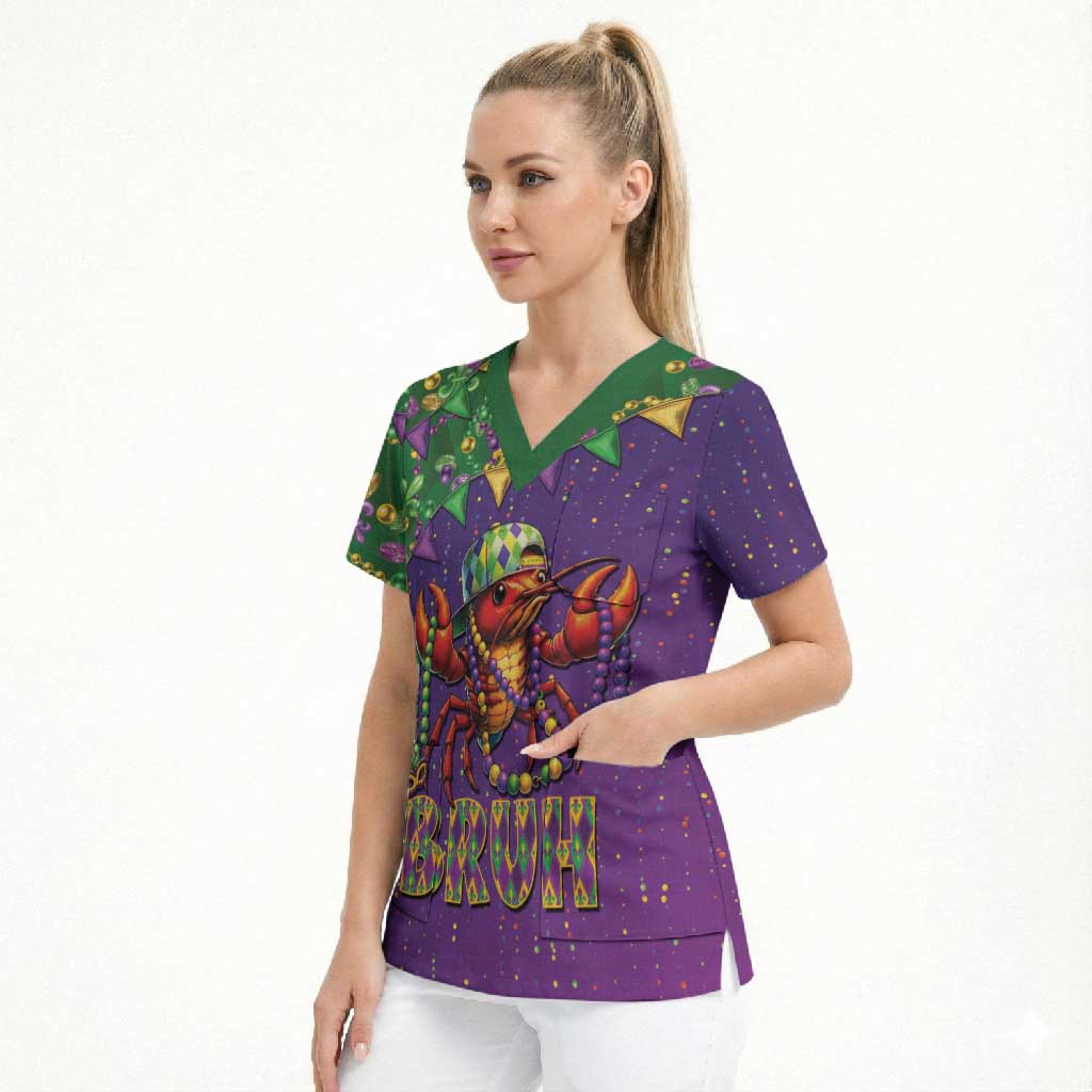 Funny Crawfish Carnival Scrub Top It's Mardi Gras Bruh - Wonder Print Shop