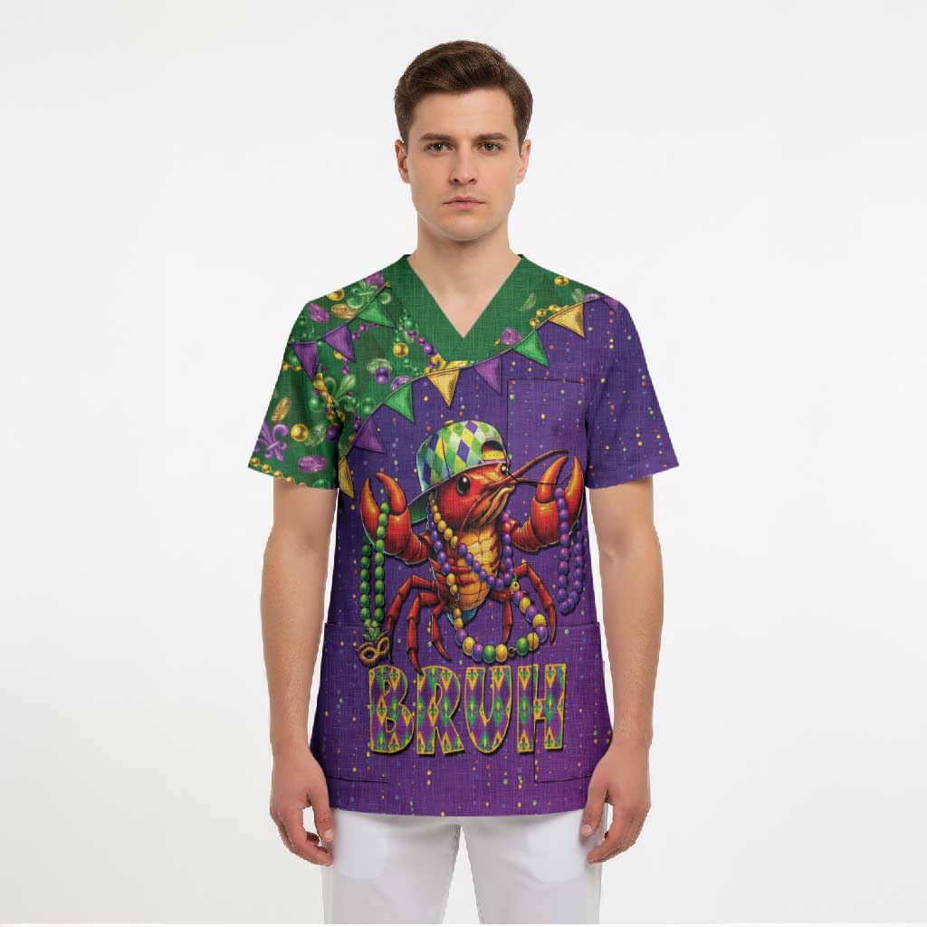 Funny Crawfish Carnival Scrub Top It's Mardi Gras Bruh - Wonder Print Shop