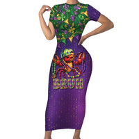 Funny Crawfish Carnival Short Sleeve Bodycon Dress It's Mardi Gras Bruh - Wonder Print Shop