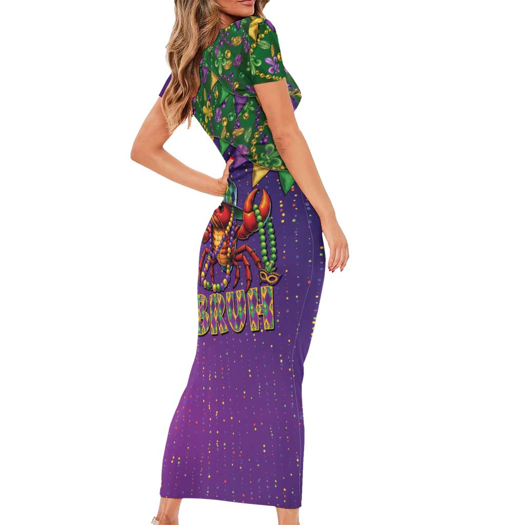 Funny Crawfish Carnival Short Sleeve Bodycon Dress It's Mardi Gras Bruh - Wonder Print Shop
