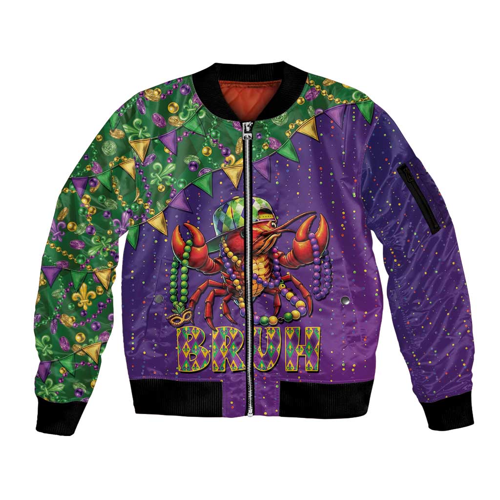 Funny Crawfish Carnival Sleeve Zip Bomber Jacket It's Mardi Gras Bruh - Wonder Print Shop