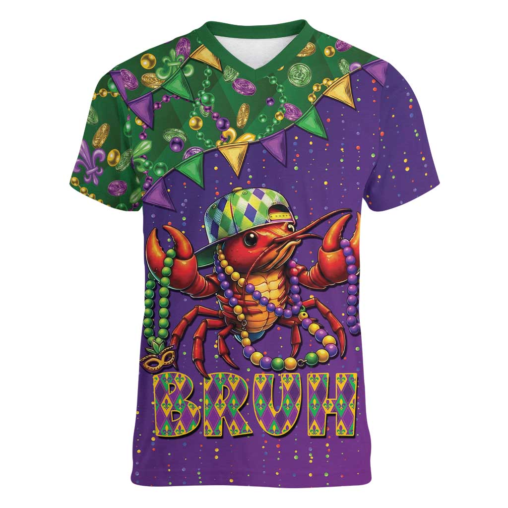 Funny Crawfish Carnival Women V-Neck T-Shirt It's Mardi Gras Bruh - Wonder Print Shop