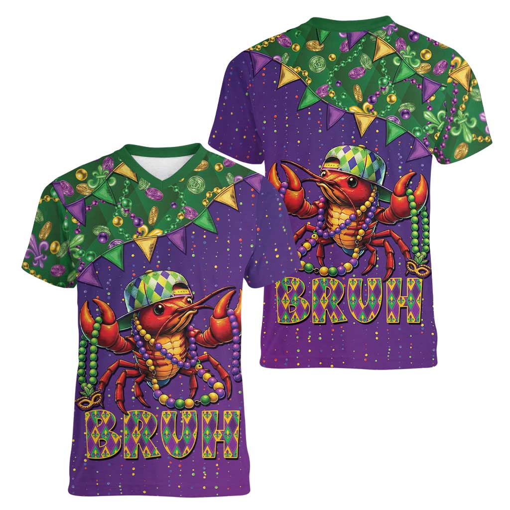 Funny Crawfish Carnival Women V-Neck T-Shirt It's Mardi Gras Bruh - Wonder Print Shop