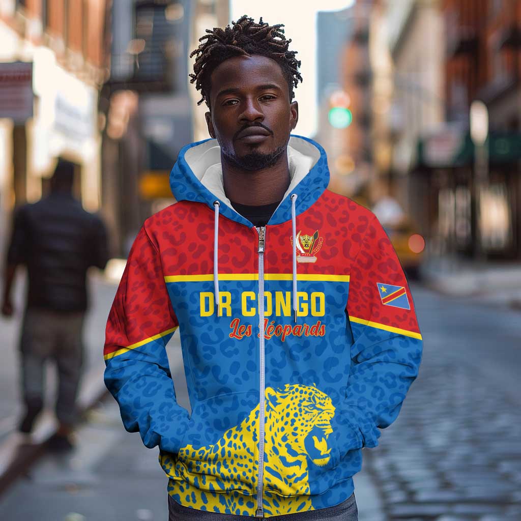 Custom World Football 2026 DR Congo Zip Hoodie Roar of Les Leopards