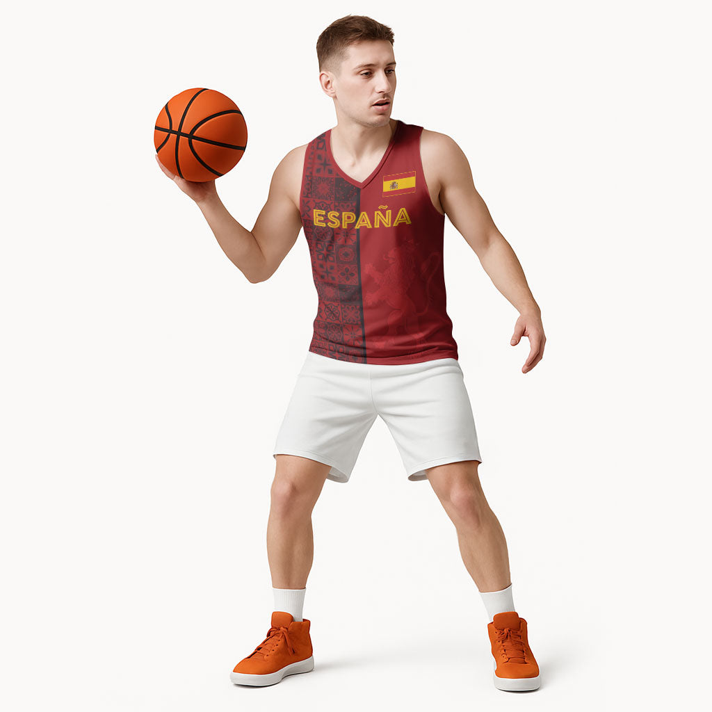 Custom World Football 2026 Spain Basketball Jersey Spanish Lion Azulejo Pattern