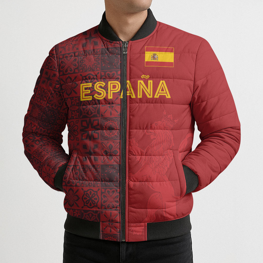 Custom World Football 2026 Spain Bomber Puffer Jacket Spanish Lion Azulejo Pattern