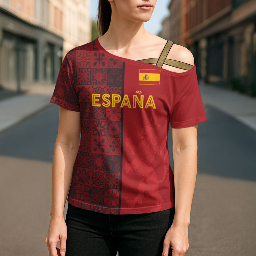 Custom World Football 2026 Spain Cross Shoulder Shirt Spanish Lion Azulejo Pattern