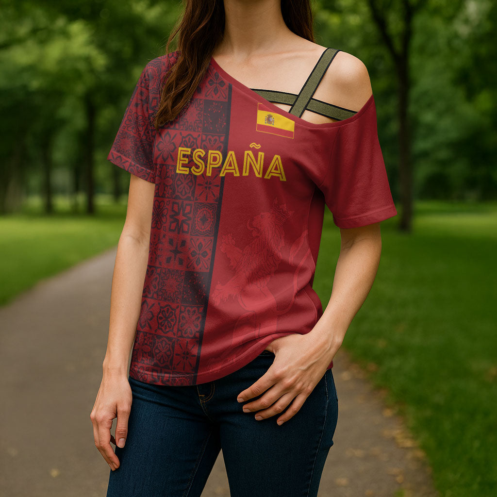 Custom World Football 2026 Spain Cross Shoulder Shirt Spanish Lion Azulejo Pattern