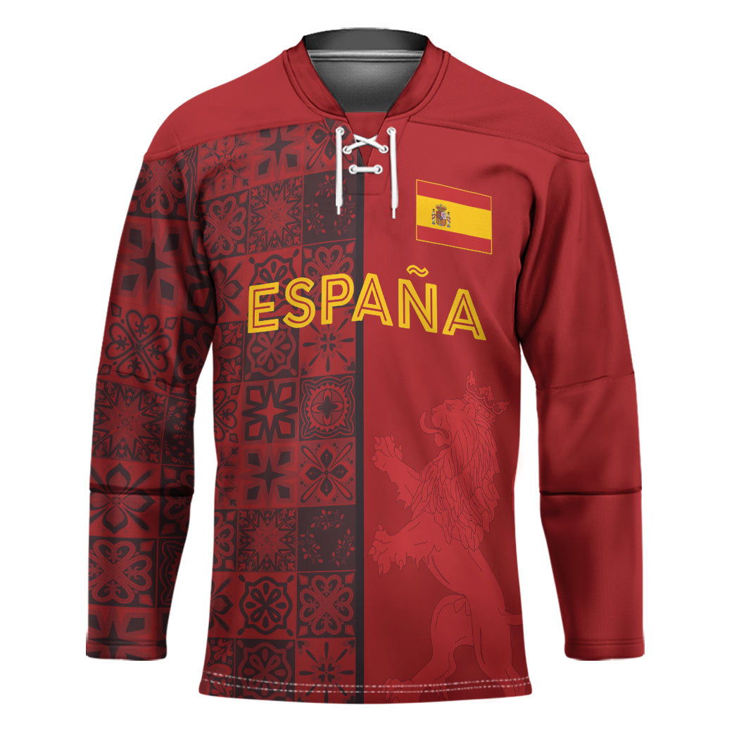 Custom World Football 2026 Spain Hockey Jersey Spanish Lion Azulejo Pattern