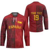 Custom World Football 2026 Spain Hockey Jersey Spanish Lion Azulejo Pattern