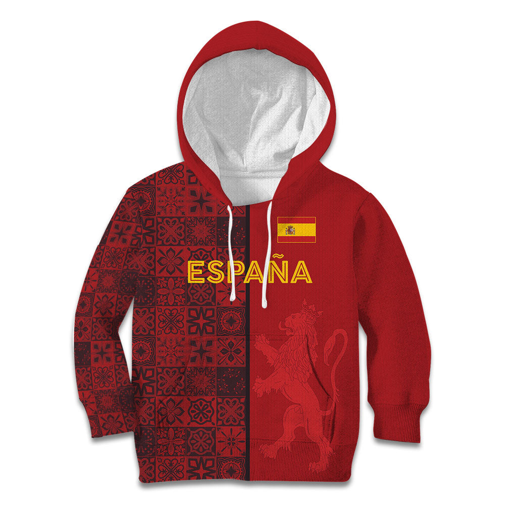 Custom World Football 2026 Spain Kid Hoodie Spanish Lion Azulejo Pattern