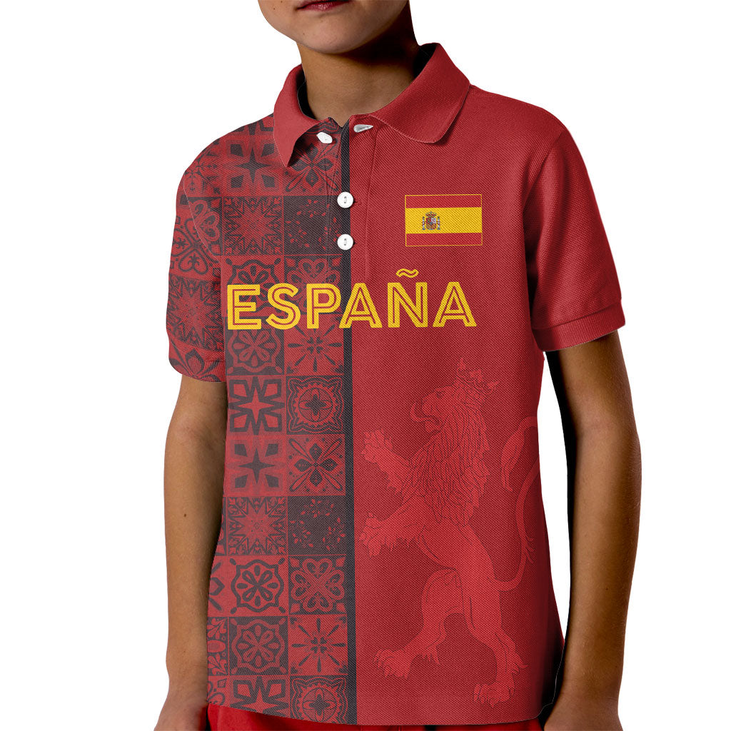 Custom World Football 2026 Spain Kid Polo Shirt Spanish Lion Azulejo Pattern