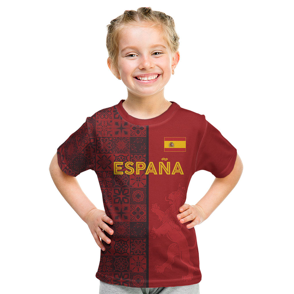 Custom World Football 2026 Spain Kid T Shirt Spanish Lion Azulejo Pattern
