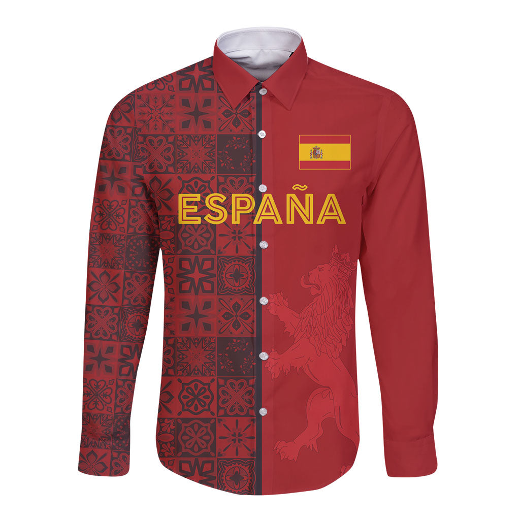 Custom World Football 2026 Spain Long Sleeve Button Shirt Spanish Lion Azulejo Pattern Custom World Football 2026 Spain Long Sleeve Button Shirt Spanish Lion Azulejo Pattern