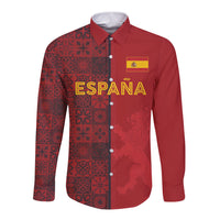 Custom World Football 2026 Spain Long Sleeve Button Shirt Spanish Lion Azulejo Pattern