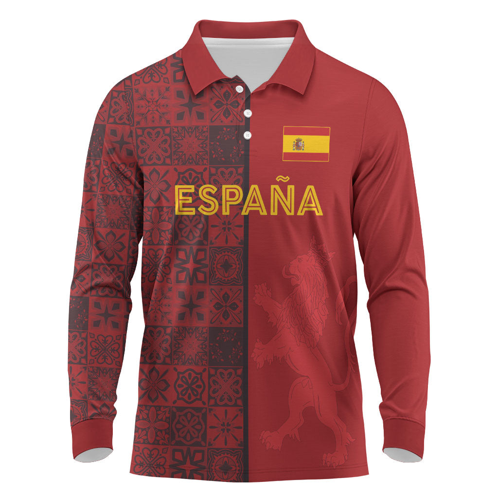 Custom World Football 2026 Spain Long Sleeve Polo Shirt Spanish Lion Azulejo Pattern