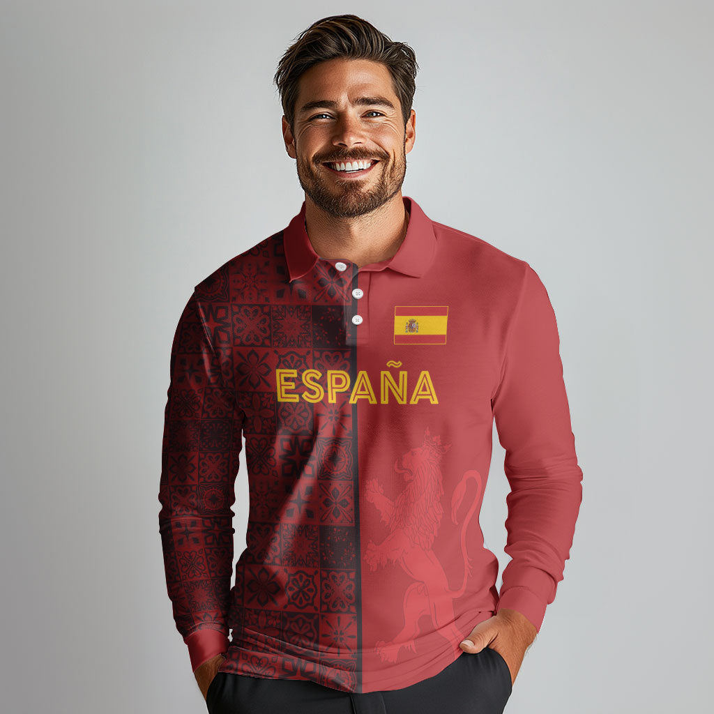 Custom World Football 2026 Spain Long Sleeve Polo Shirt Spanish Lion Azulejo Pattern