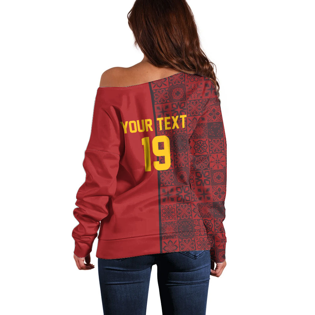 Custom World Football 2026 Spain Off Shoulder Sweater Spanish Lion Azulejo Pattern