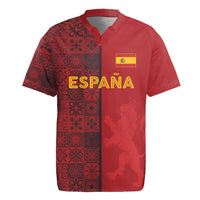 Custom World Football 2026 Spain Rugby Jersey Spanish Lion Azulejo Pattern