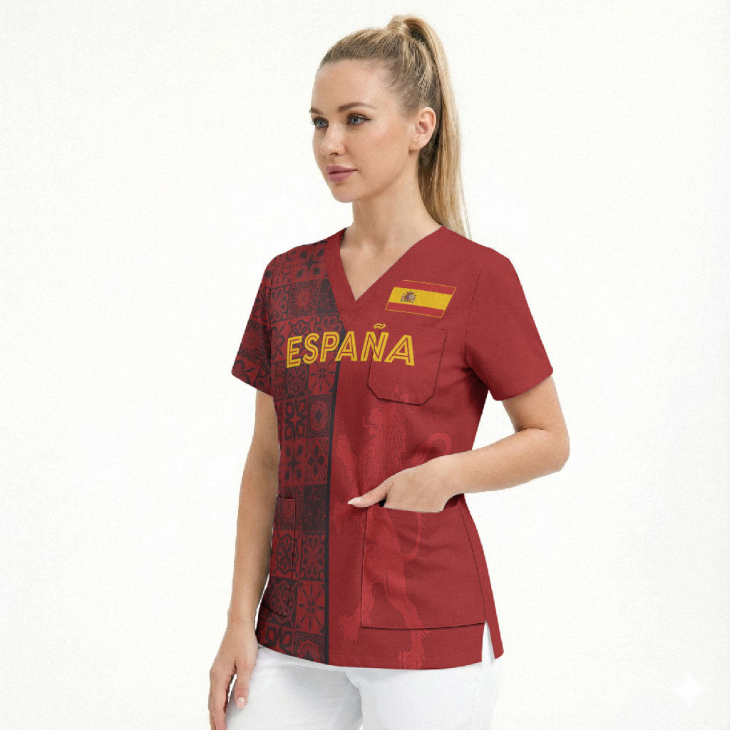 Custom World Football 2026 Spain Scrub Top Spanish Lion Azulejo Pattern