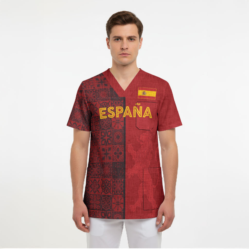 Custom World Football 2026 Spain Scrub Top Spanish Lion Azulejo Pattern