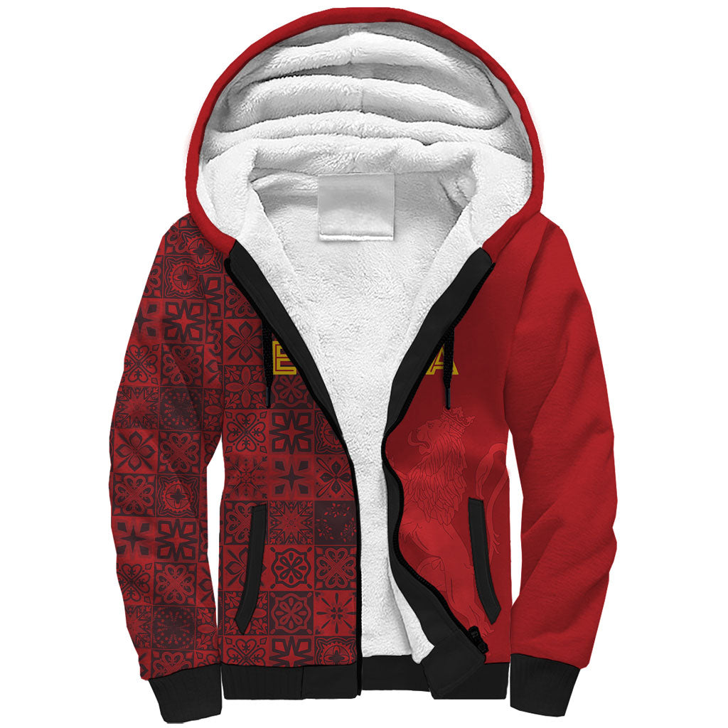 Custom World Football 2026 Spain Sherpa Hoodie Spanish Lion Azulejo Pattern