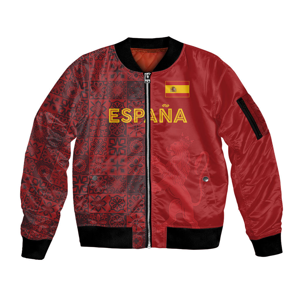 Custom World Football 2026 Spain Sleeve Zip Bomber Jacket Spanish Lion Azulejo Pattern