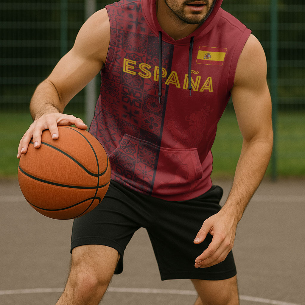 Custom World Football 2026 Spain Sleeveless Hoodie Spanish Lion Azulejo Pattern