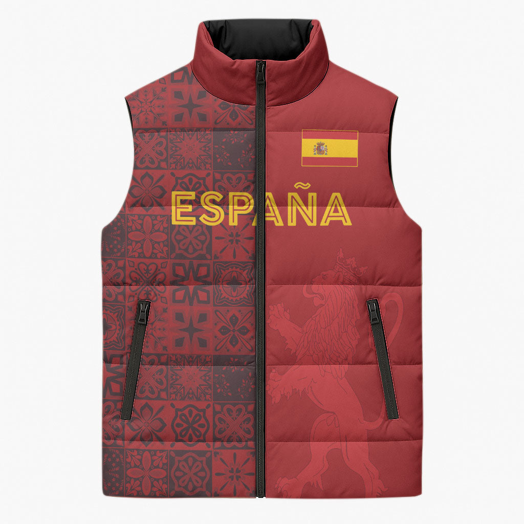 Custom World Football 2026 Spain Sleeveless Puffer Jacket Spanish Lion Azulejo Pattern