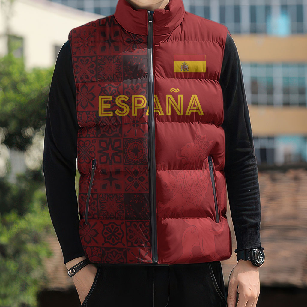 Custom World Football 2026 Spain Sleeveless Puffer Jacket Spanish Lion Azulejo Pattern