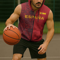 Custom World Football 2026 Spain Sleeveless Zip Hoodie Spanish Lion Azulejo Pattern