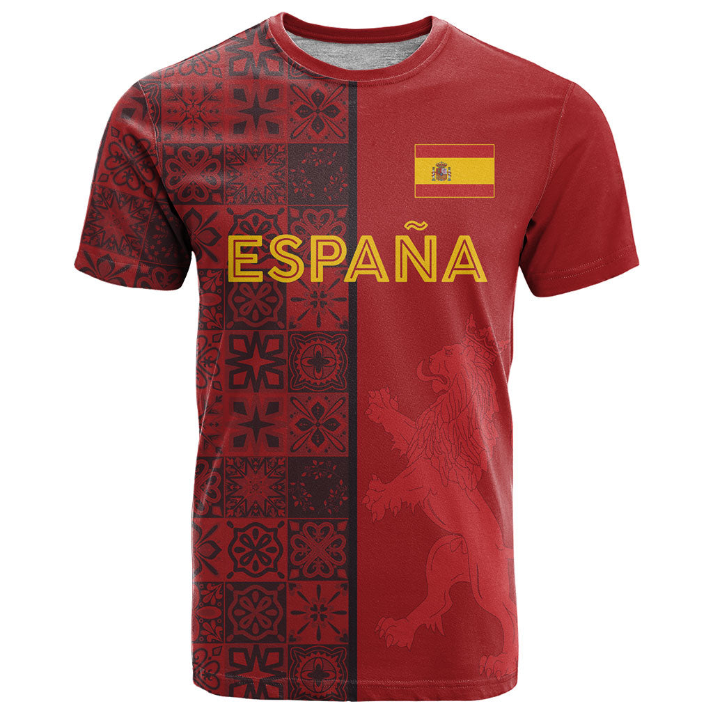 Custom World Football 2026 Spain T Shirt Spanish Lion Azulejo Pattern