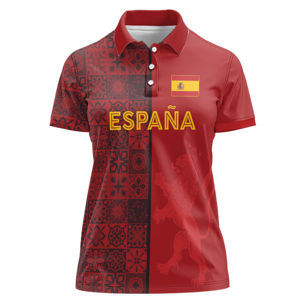 Custom World Football 2026 Spain Women Polo Shirt Spanish Lion Azulejo Pattern