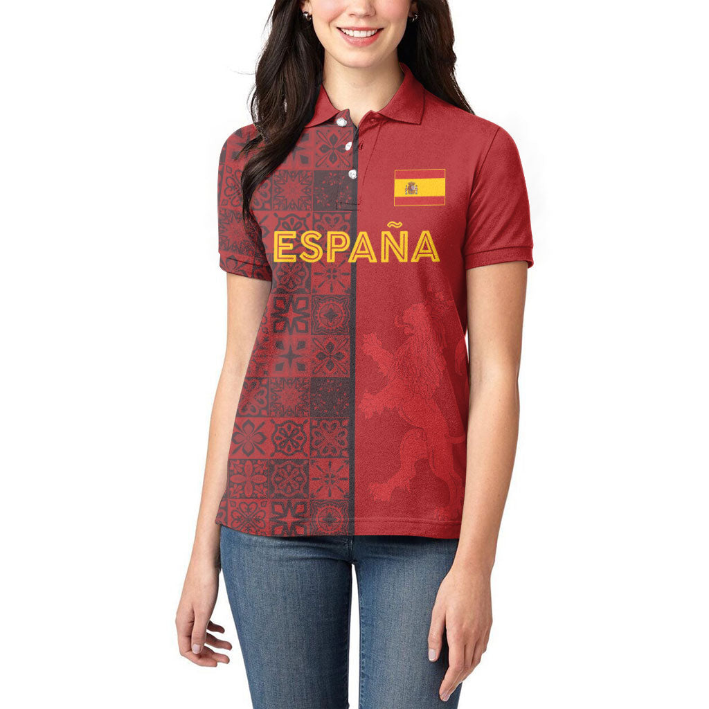 Custom World Football 2026 Spain Women Polo Shirt Spanish Lion Azulejo Pattern