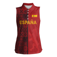 Custom World Football 2026 Spain Women Sleeveless Polo Shirt Spanish Lion Azulejo Pattern